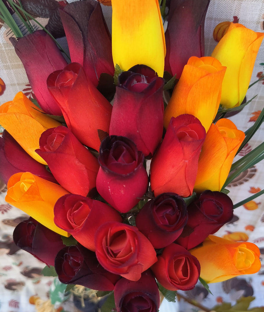 Dark Fall Harvest Colors. Yellows, Oranges, Reds Wooden Rose Flower Bouquet - The Original Wooden Rose