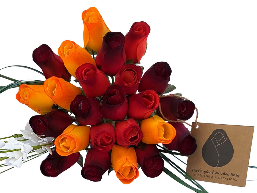 Dark Fall Harvest Colors. Yellows, Oranges, Reds Wooden Rose Flower Bouquet - The Original Wooden Rose