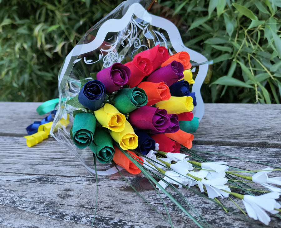 Gay Pride Rainbow of Wooden Roses Flower Bouquet - The Original Wooden Rose