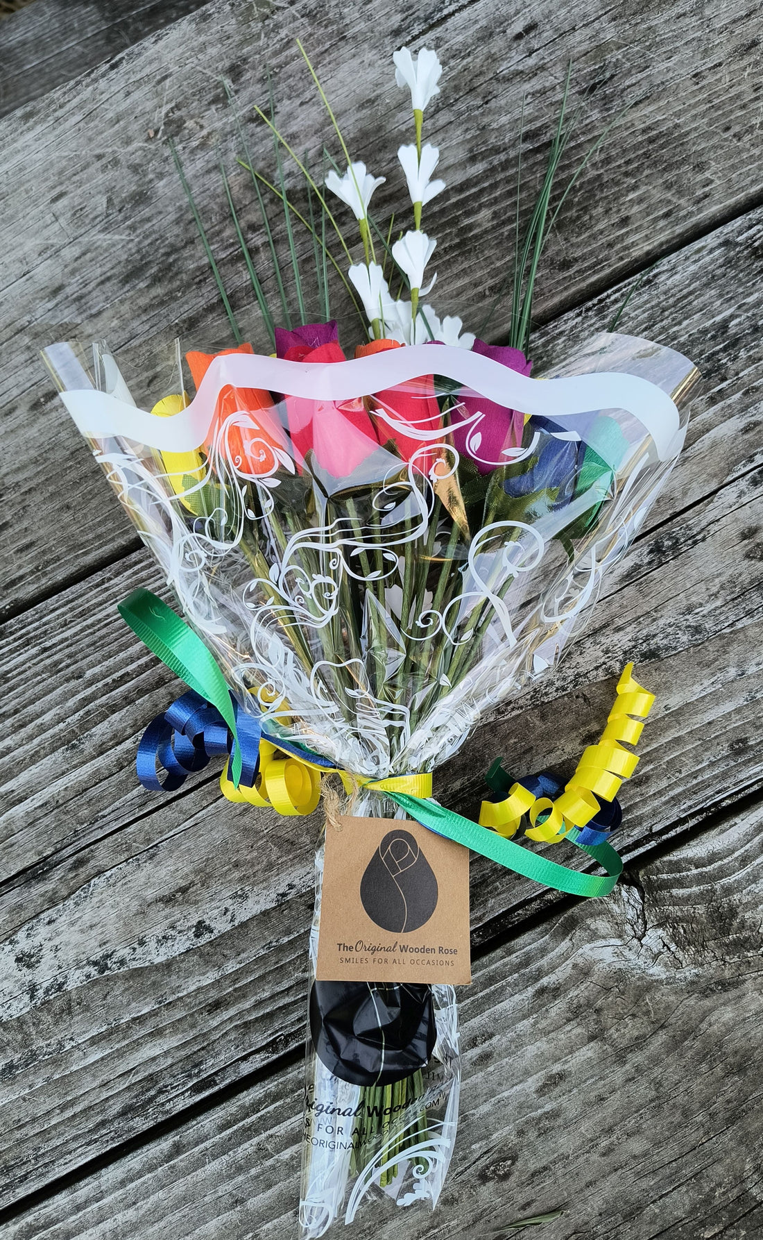 Autism Aware Rainbow of Wooden Roses Flower Bouquet - The Original Wooden Rose