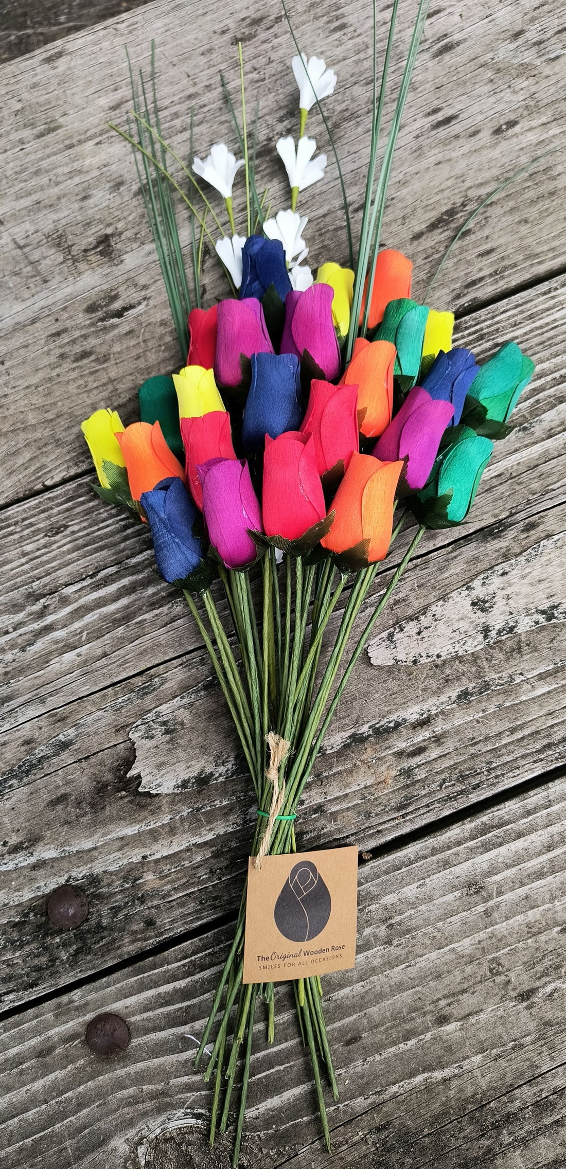 Autism Aware Rainbow of Wooden Roses Flower Bouquet - The Original Wooden Rose