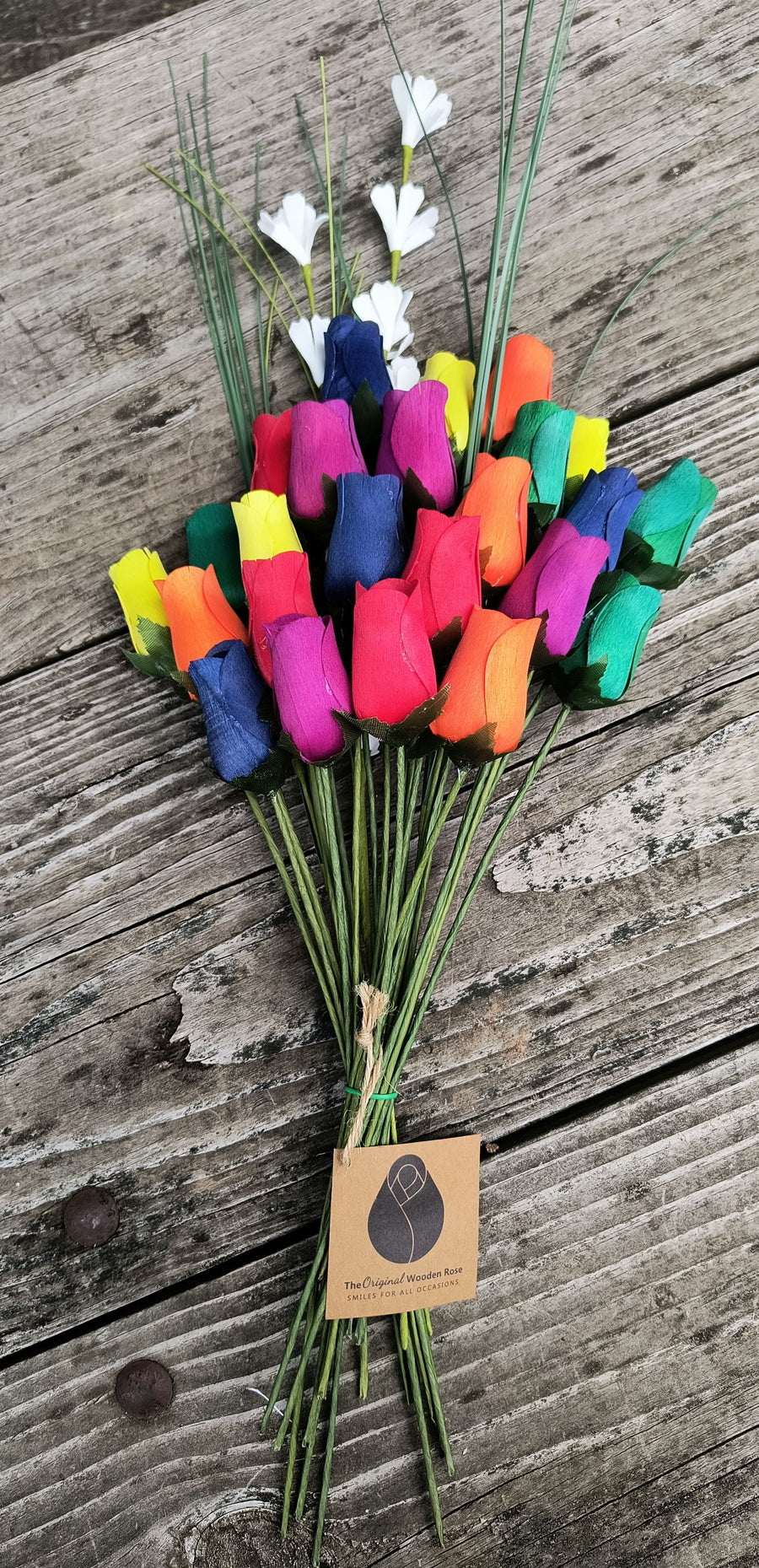 Autism Aware Rainbow of Wooden Roses Flower Bouquet - The Original Wooden Rose