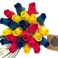 Happy Birthday Red, Blue, and Yellow Wooden Rose Flower Bouquet - The Original Wooden Rose