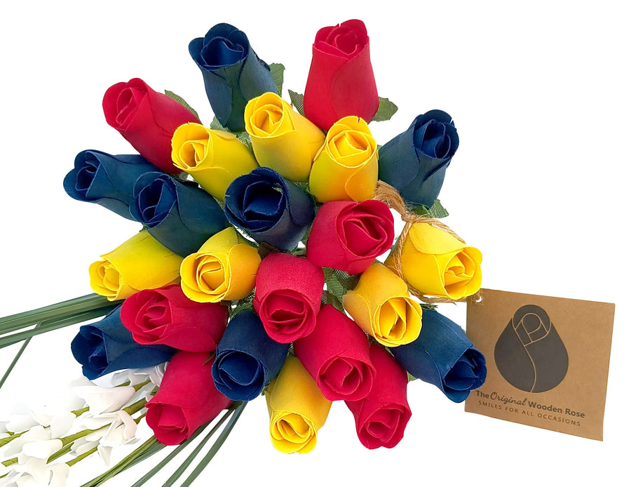 Happy Birthday Red, Blue, and Yellow Wooden Rose Flower Bouquet - The Original Wooden Rose