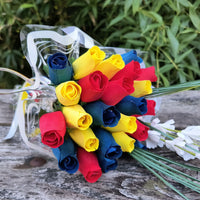 Happy Birthday Red, Blue, and Yellow Wooden Rose Flower Bouquet - The Original Wooden Rose