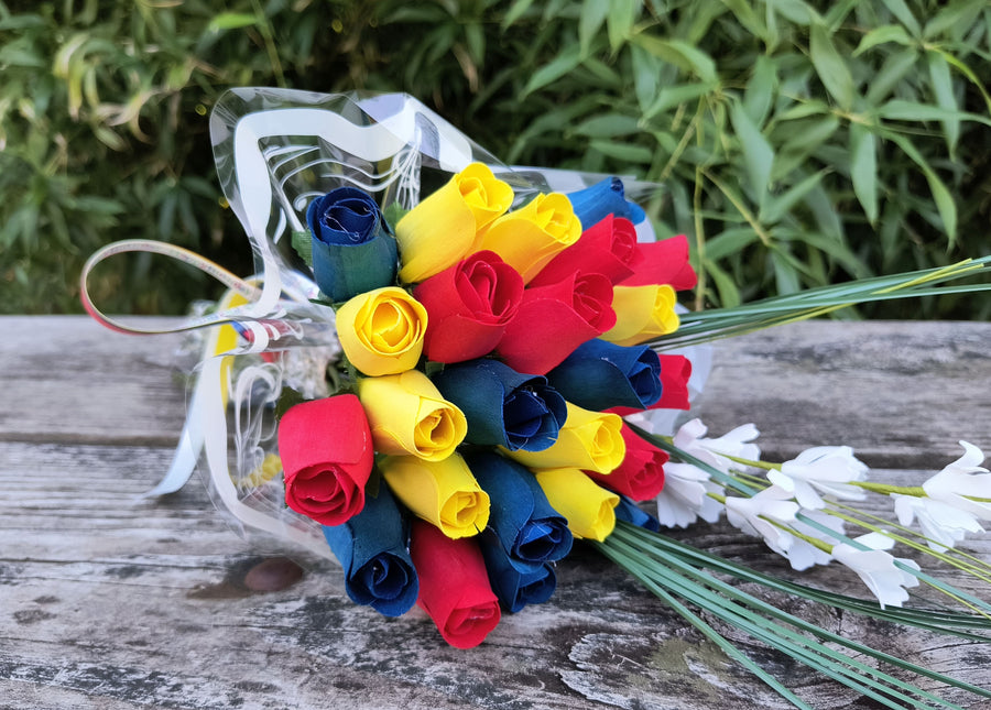 Happy Birthday Red, Blue, and Yellow Wooden Rose Flower Bouquet - The Original Wooden Rose