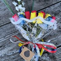 Happy Birthday Red, Blue, and Yellow Wooden Rose Flower Bouquet - The Original Wooden Rose