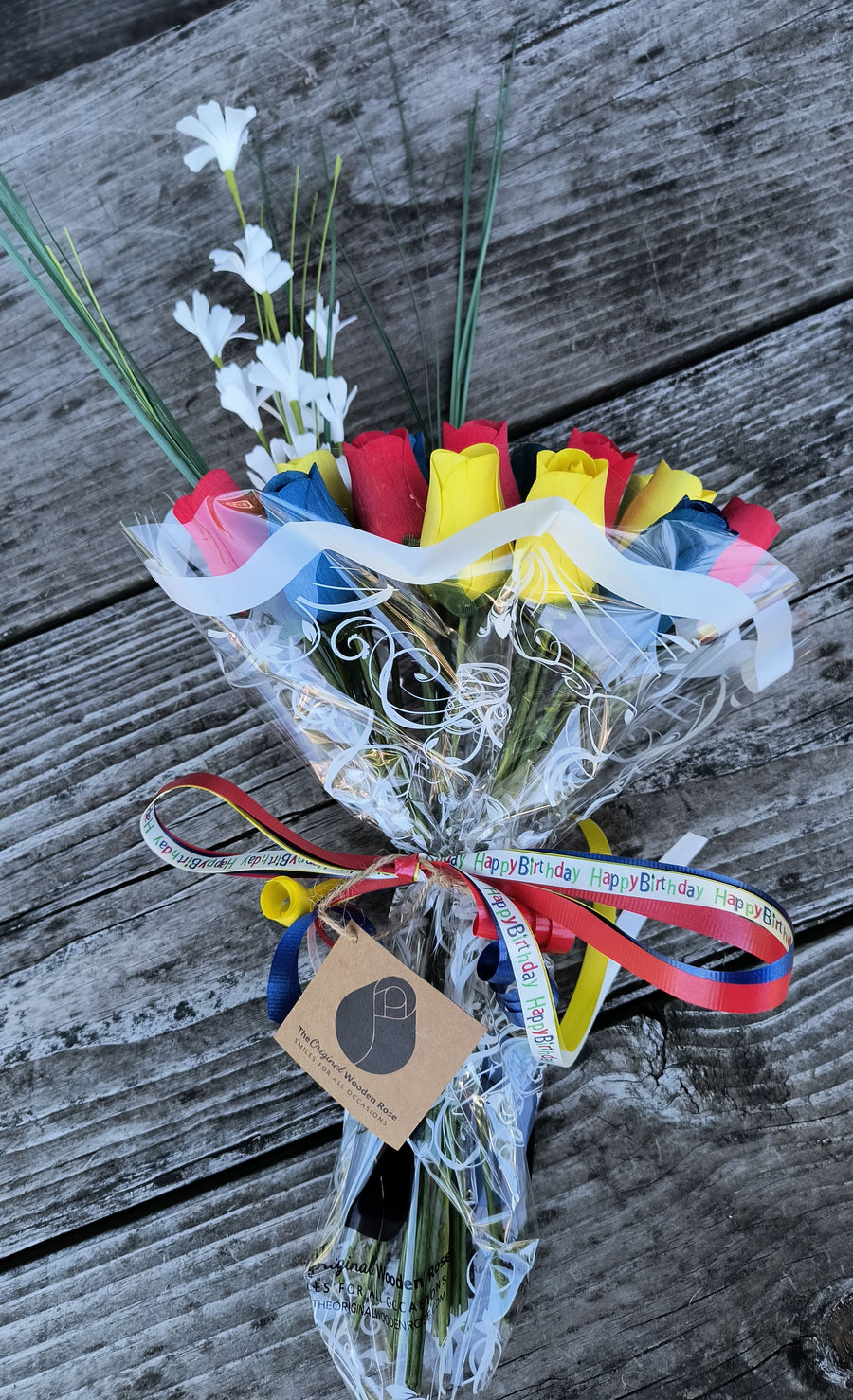 Happy Birthday Red, Blue, and Yellow Wooden Rose Flower Bouquet - The Original Wooden Rose