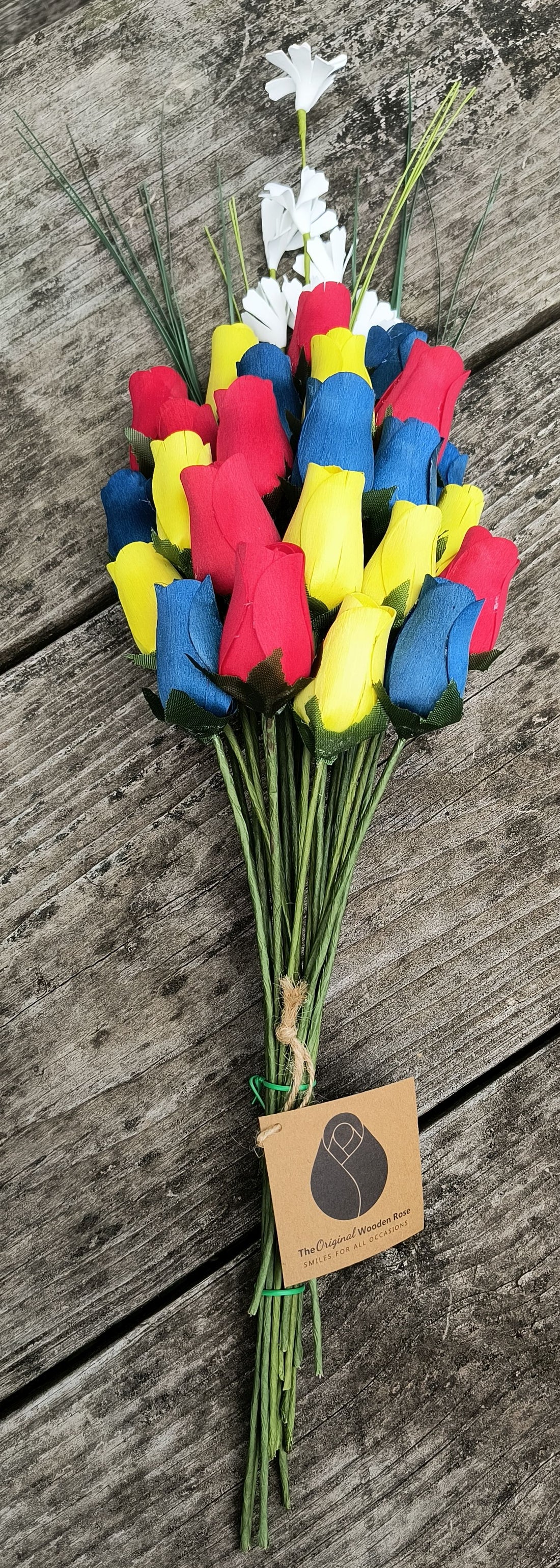 Happy Birthday Red, Blue, and Yellow Wooden Rose Flower Bouquet - The Original Wooden Rose