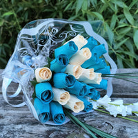 It's A Boy Light Blue and White Wooden Rose Flower Bouquet - The Original Wooden Rose