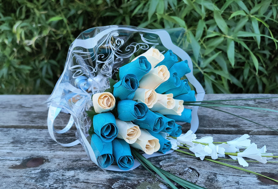 It's A Boy Light Blue and White Wooden Rose Flower Bouquet - The Original Wooden Rose