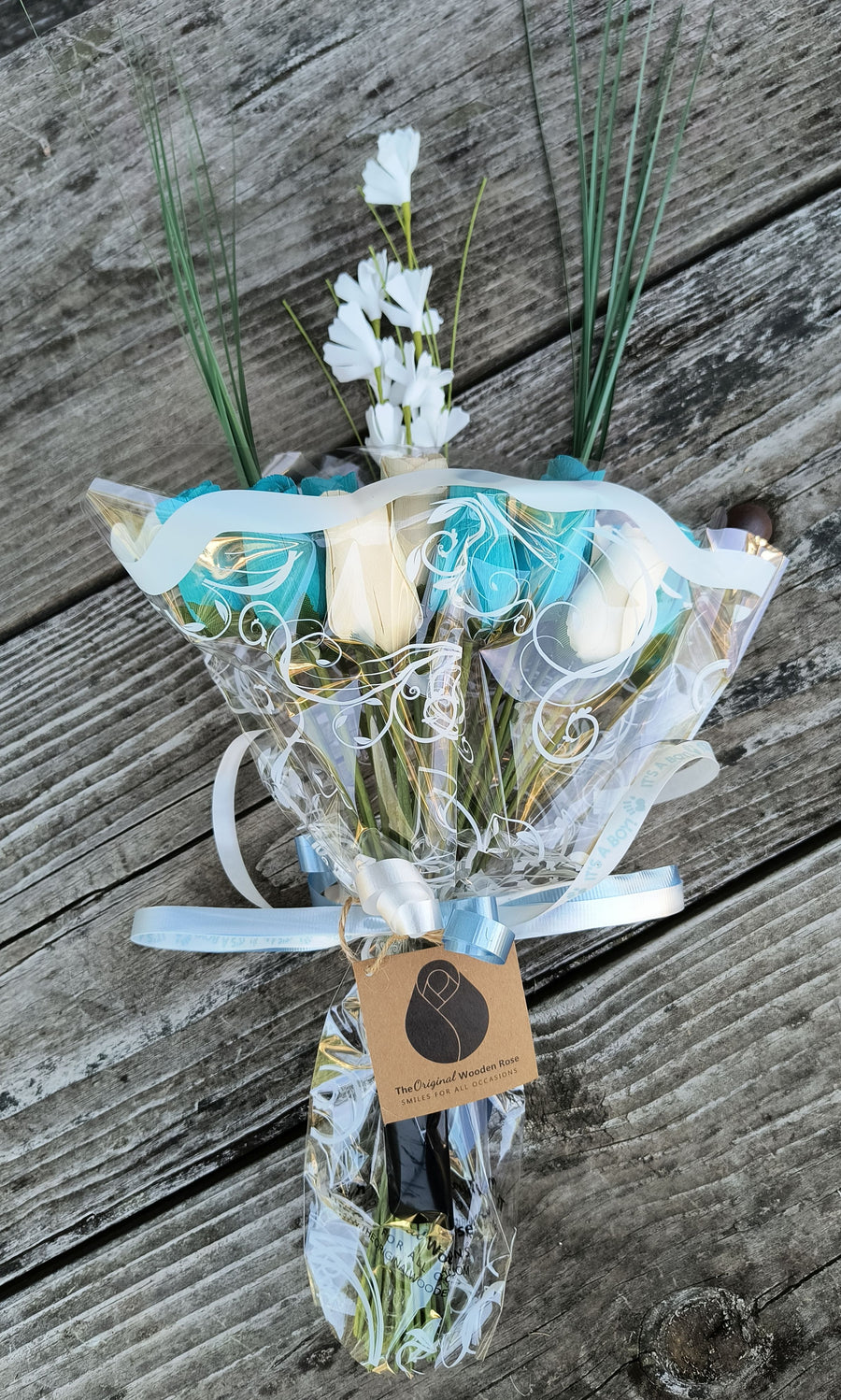 It's A Boy Light Blue and White Wooden Rose Flower Bouquet - The Original Wooden Rose