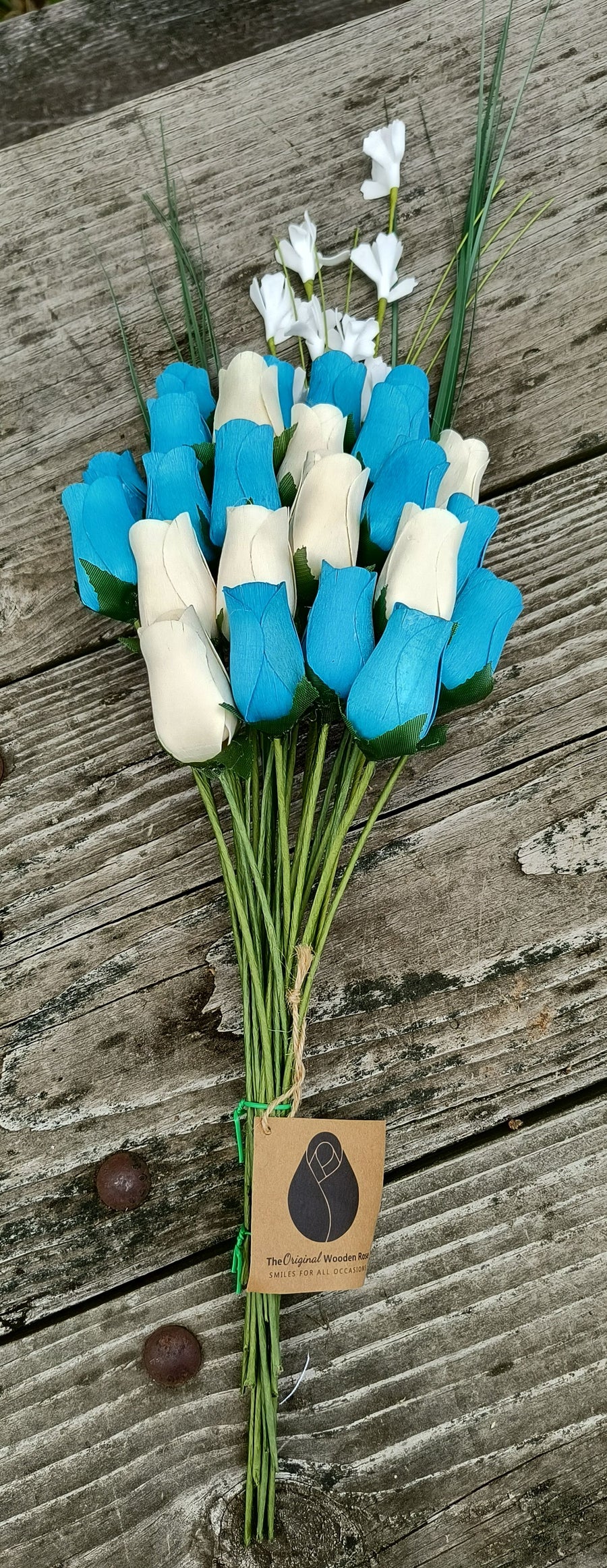 It's A Boy Light Blue and White Wooden Rose Flower Bouquet - The Original Wooden Rose