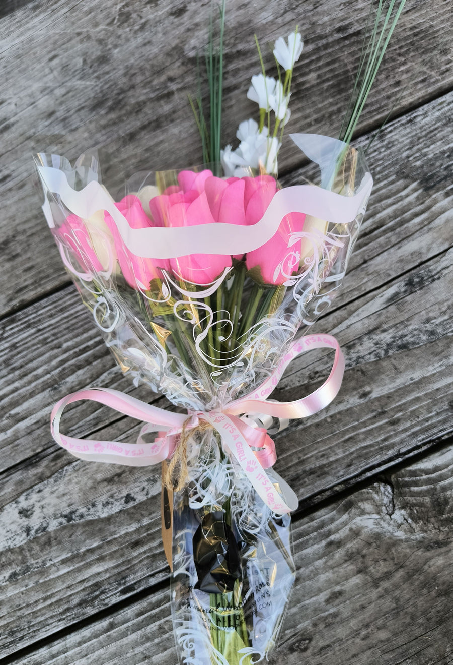 It's A Girl Light Pink, and White Wooden Rose Flower Bouquet - The Original Wooden Rose