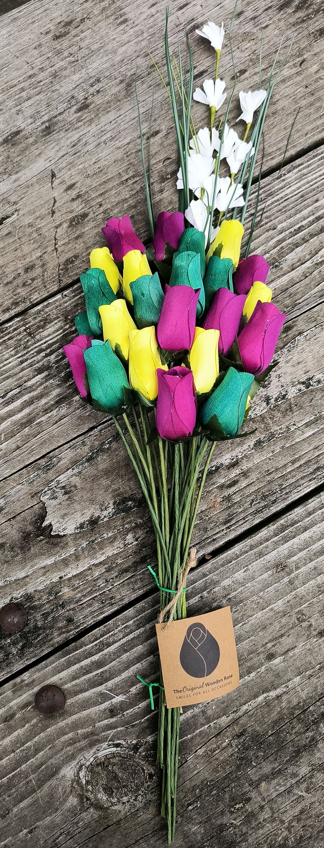 Mardi Gras Wooden Rose Flower Bouquet - The Original Wooden Rose