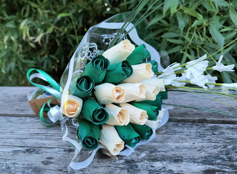 Saint Patrick's Day Green and White Wooden Rose Flower Bouquet - The Original Wooden Rose