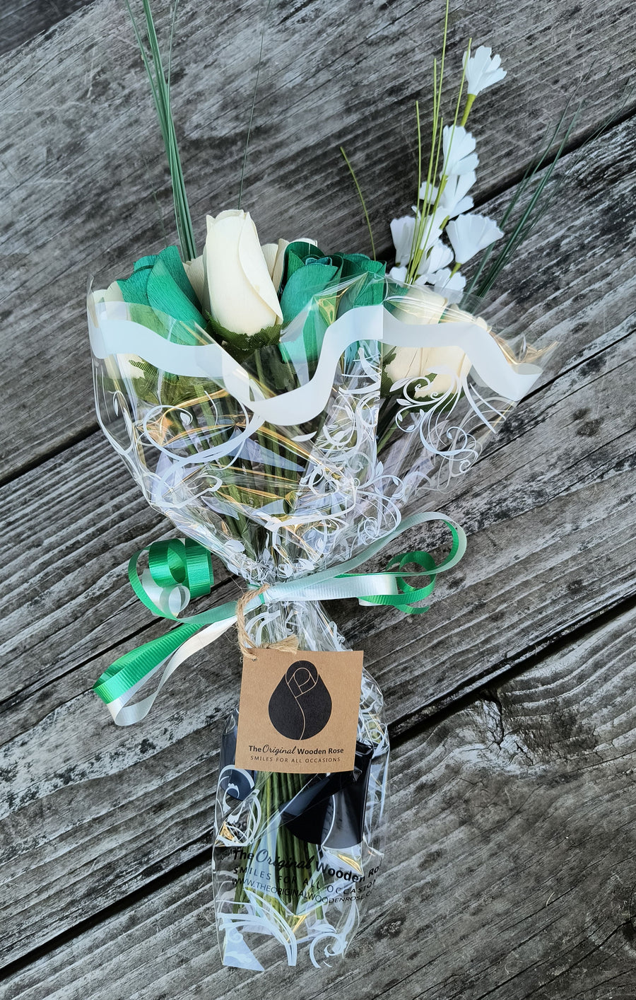 Saint Patrick's Day Green and White Wooden Rose Flower Bouquet - The Original Wooden Rose