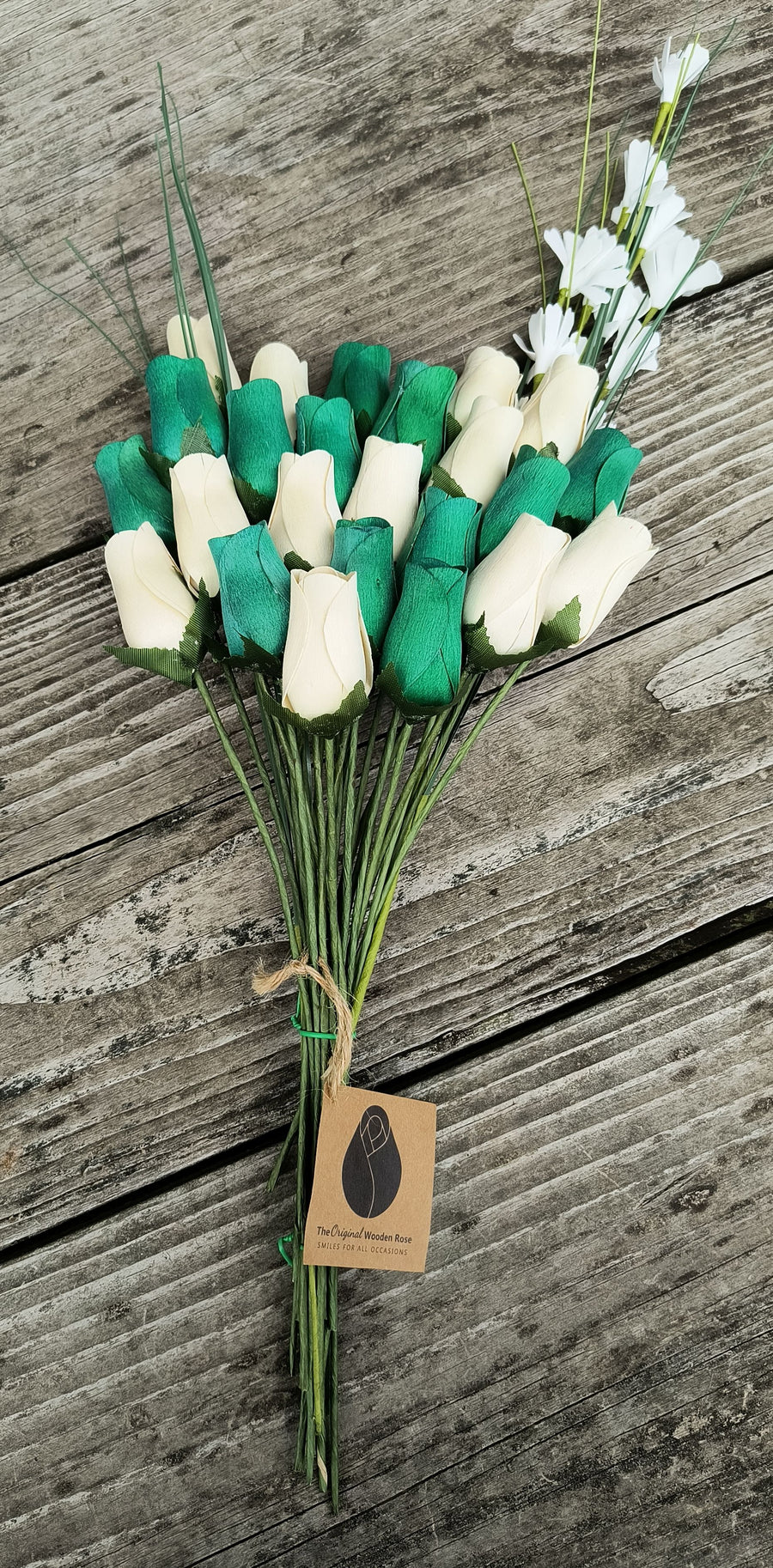 Saint Patrick's Day Green and White Wooden Rose Flower Bouquet - The Original Wooden Rose