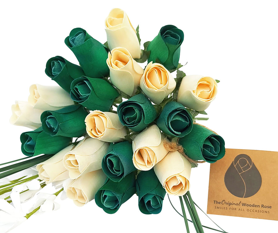 Saint Patrick's Day Green and White Wooden Rose Flower Bouquet - The Original Wooden Rose