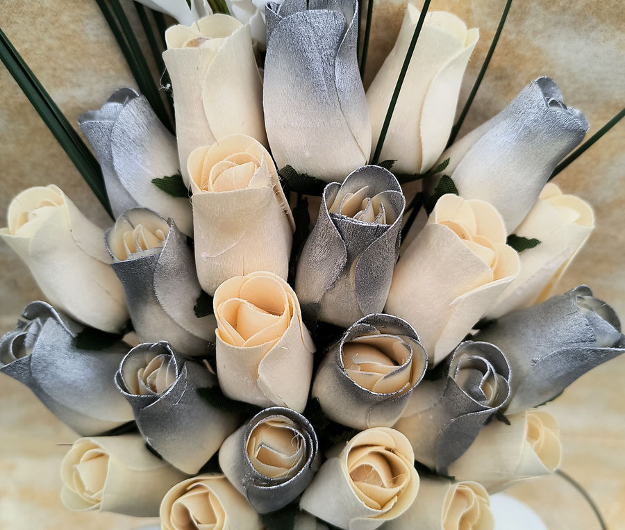 25 Year Anniversary Silver and White Wooden Rose Flower Bouquet - The Original Wooden Rose