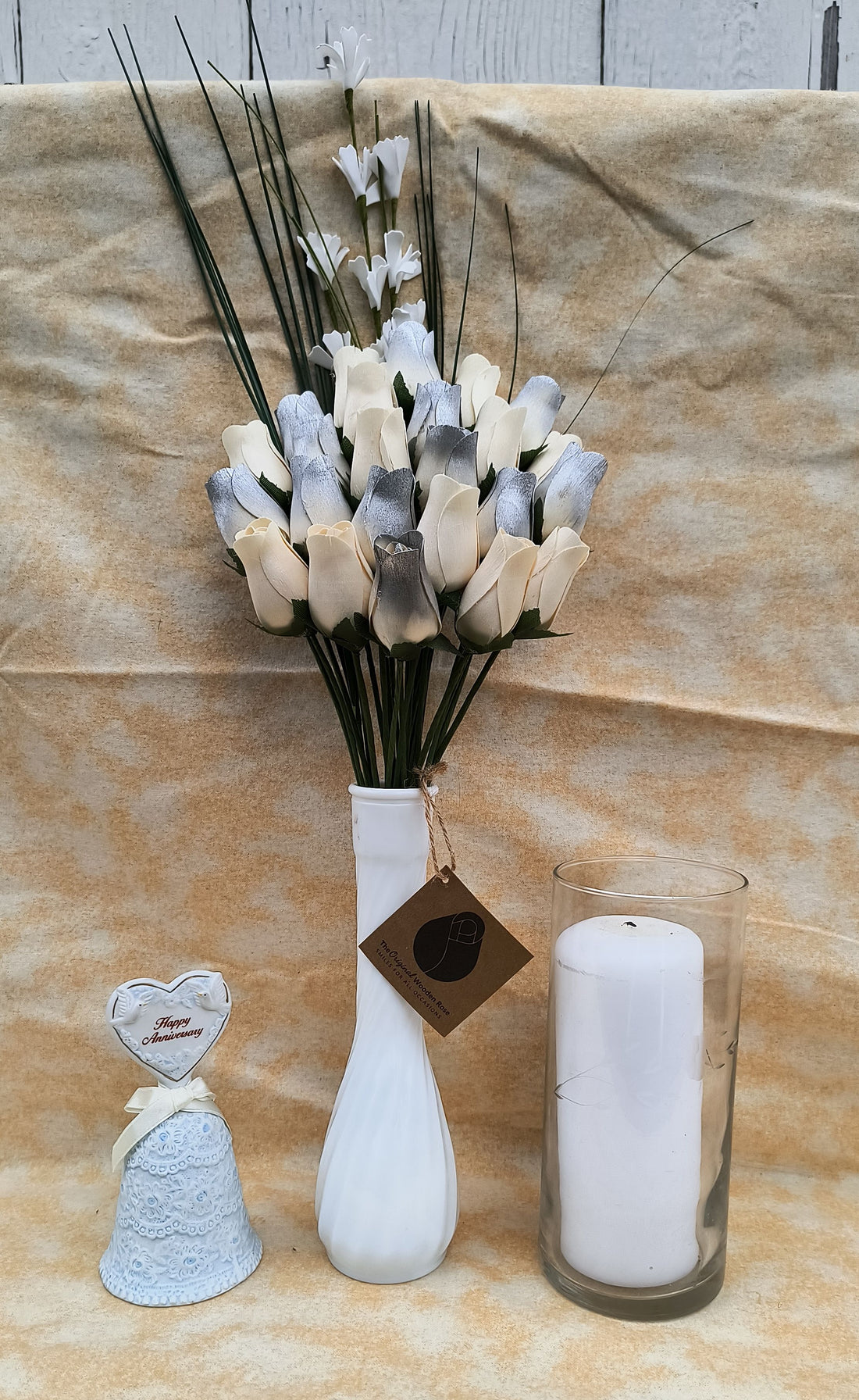 25 Year Anniversary Silver and White Wooden Rose Flower Bouquet - The Original Wooden Rose