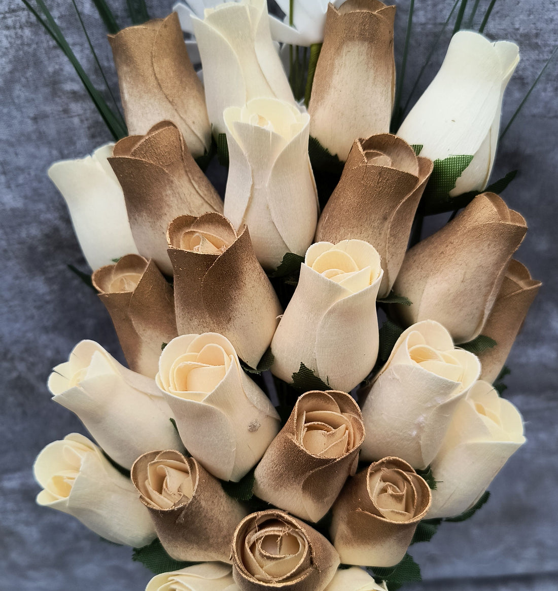 50 Year Anniversary Gold and White Wooden Rose Flower Bouquet - The Original Wooden Rose