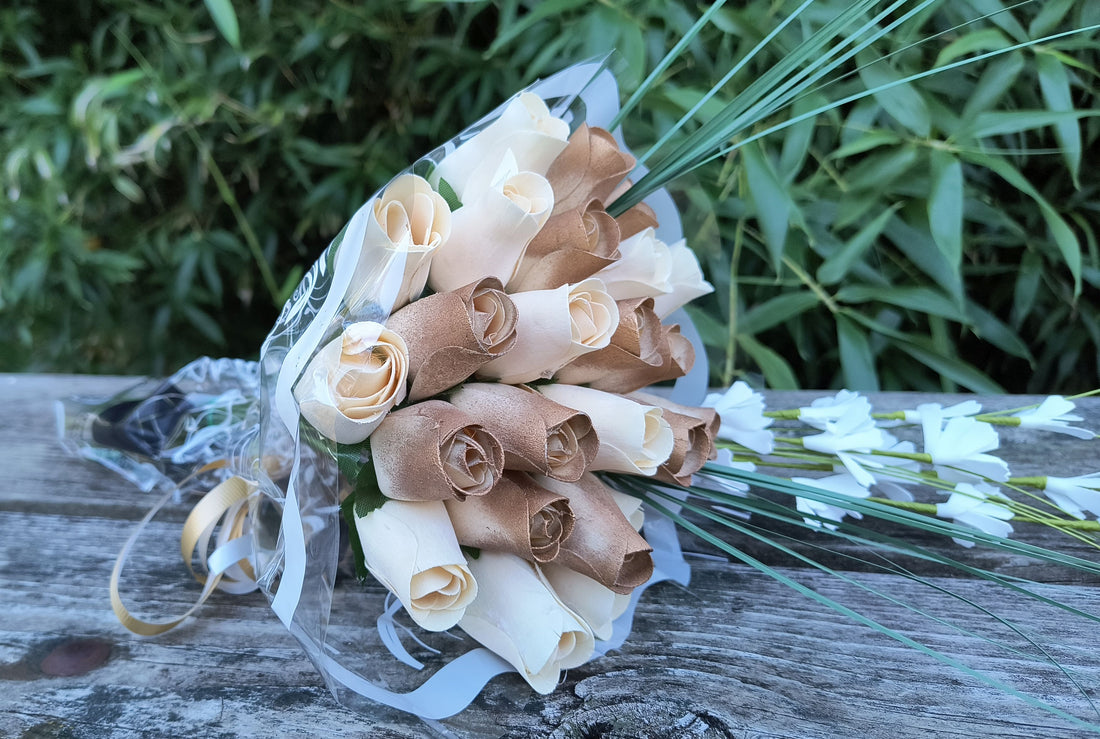 50 Year Anniversary Gold and White Wooden Rose Flower Bouquet - The Original Wooden Rose