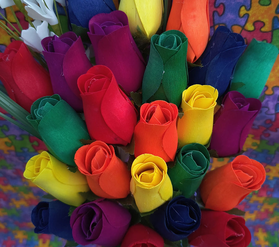 Autism Aware Rainbow of Wooden Roses Flower Bouquet - The Original Wooden Rose