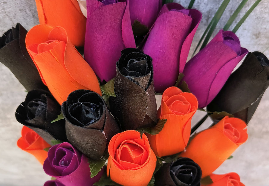 Black, Orange, and Violet Halloween Wooden Rose Flower Bouquet - The Original Wooden Rose