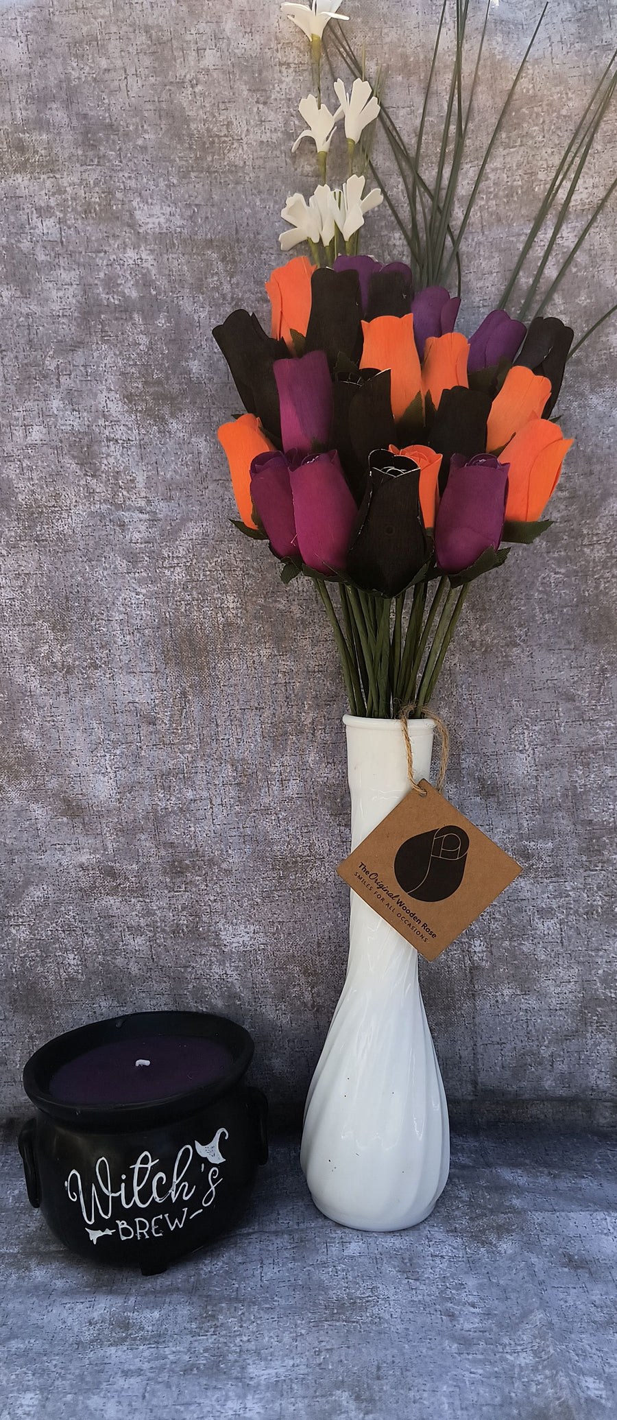 Black, Orange, and Violet Halloween Wooden Rose Flower Bouquet - The Original Wooden Rose