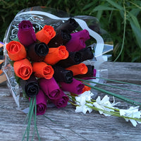 Black, Orange, and Violet Halloween Wooden Rose Flower Bouquet - The Original Wooden Rose