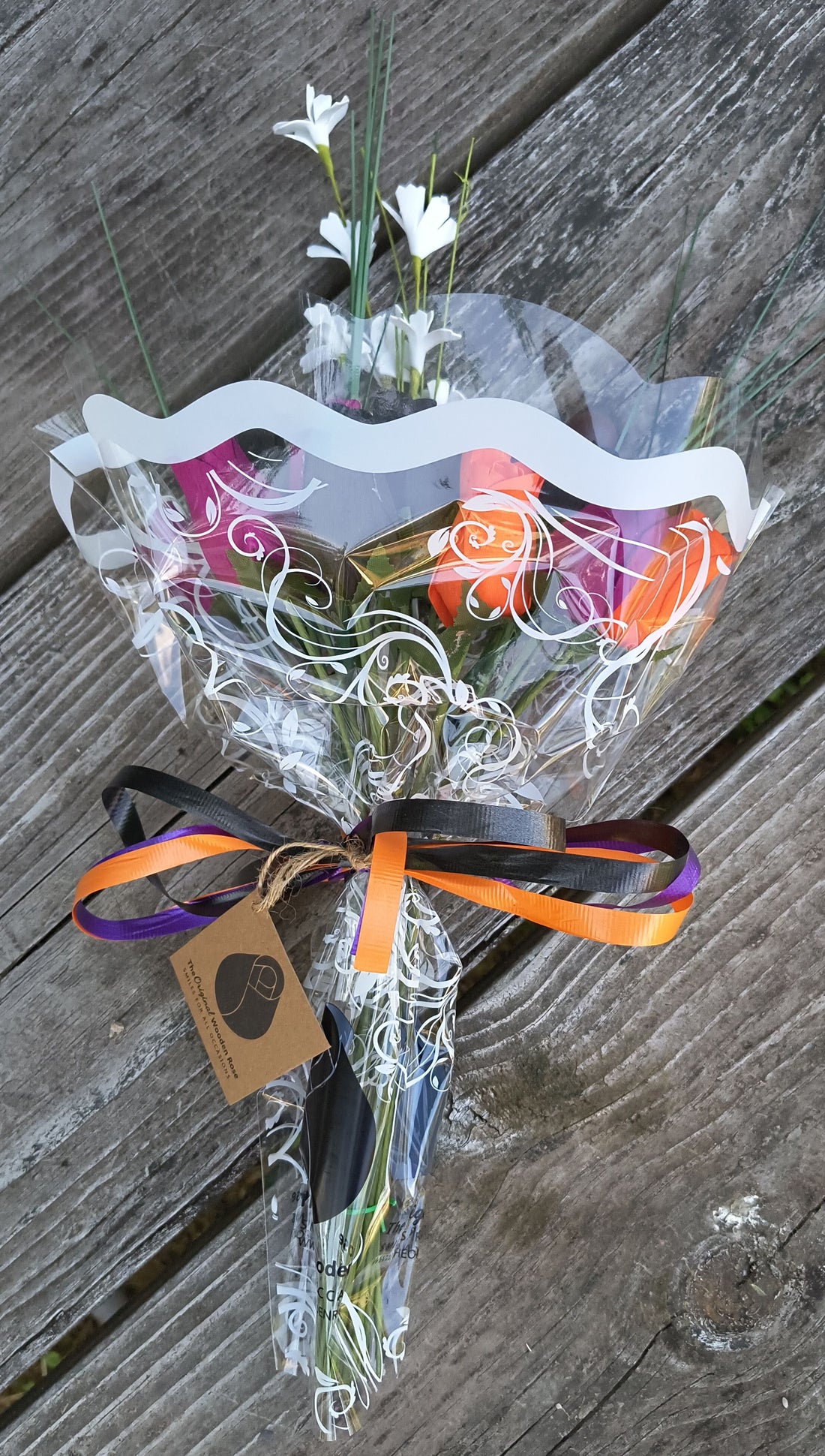 Black, Orange, and Violet Halloween Wooden Rose Flower Bouquet - The Original Wooden Rose