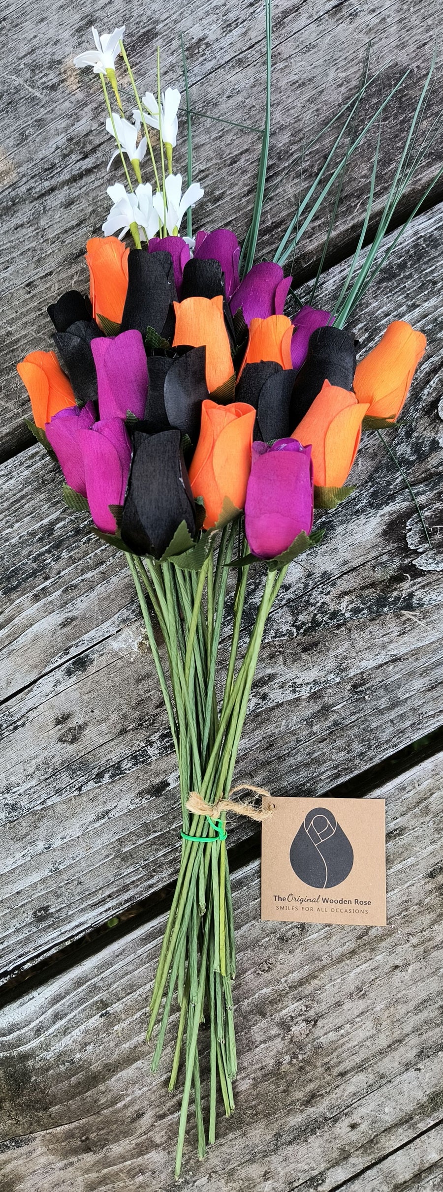 Black, Orange, and Violet Halloween Wooden Rose Flower Bouquet - The Original Wooden Rose