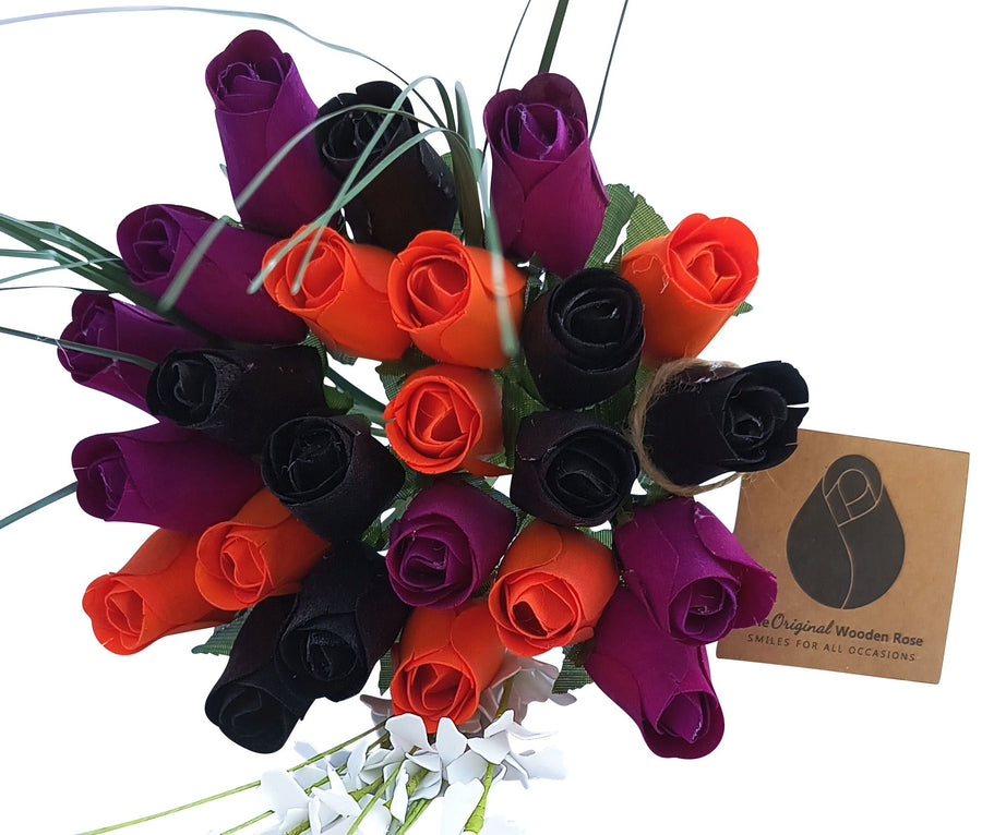 Black, Orange, and Violet Halloween Wooden Rose Flower Bouquet - The Original Wooden Rose