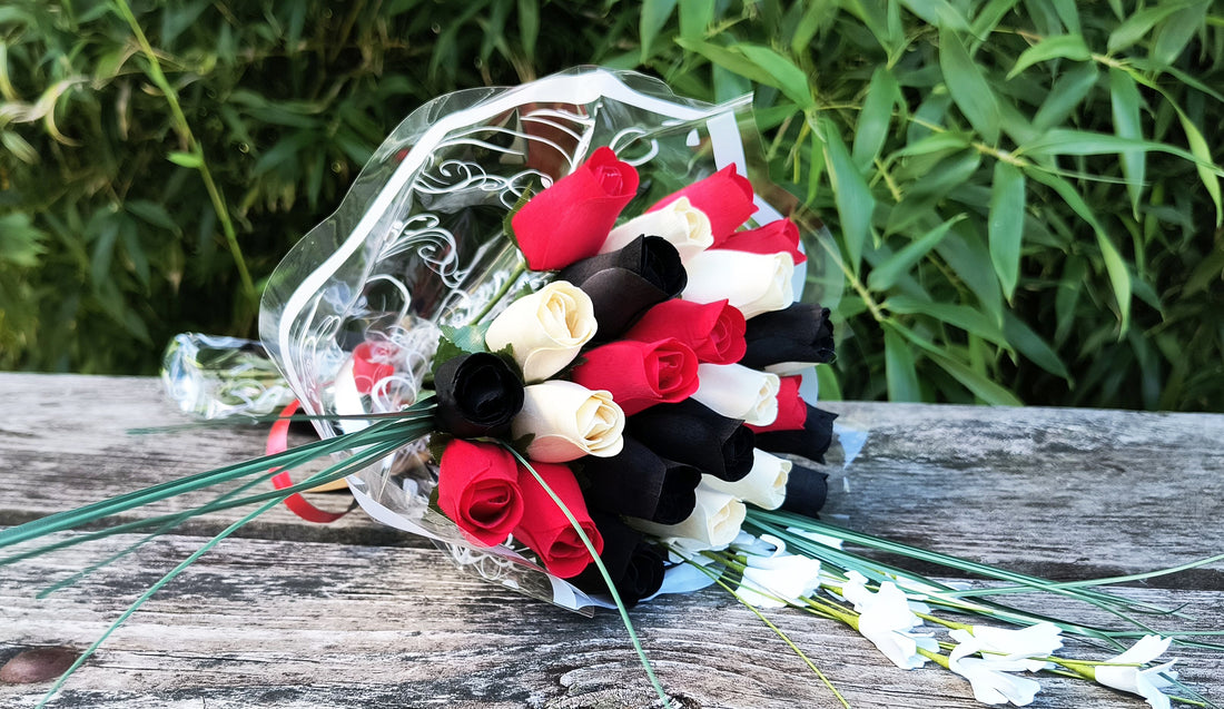 Red, Black and White Wooden Rose Flower Bouquet - The Original Wooden Rose