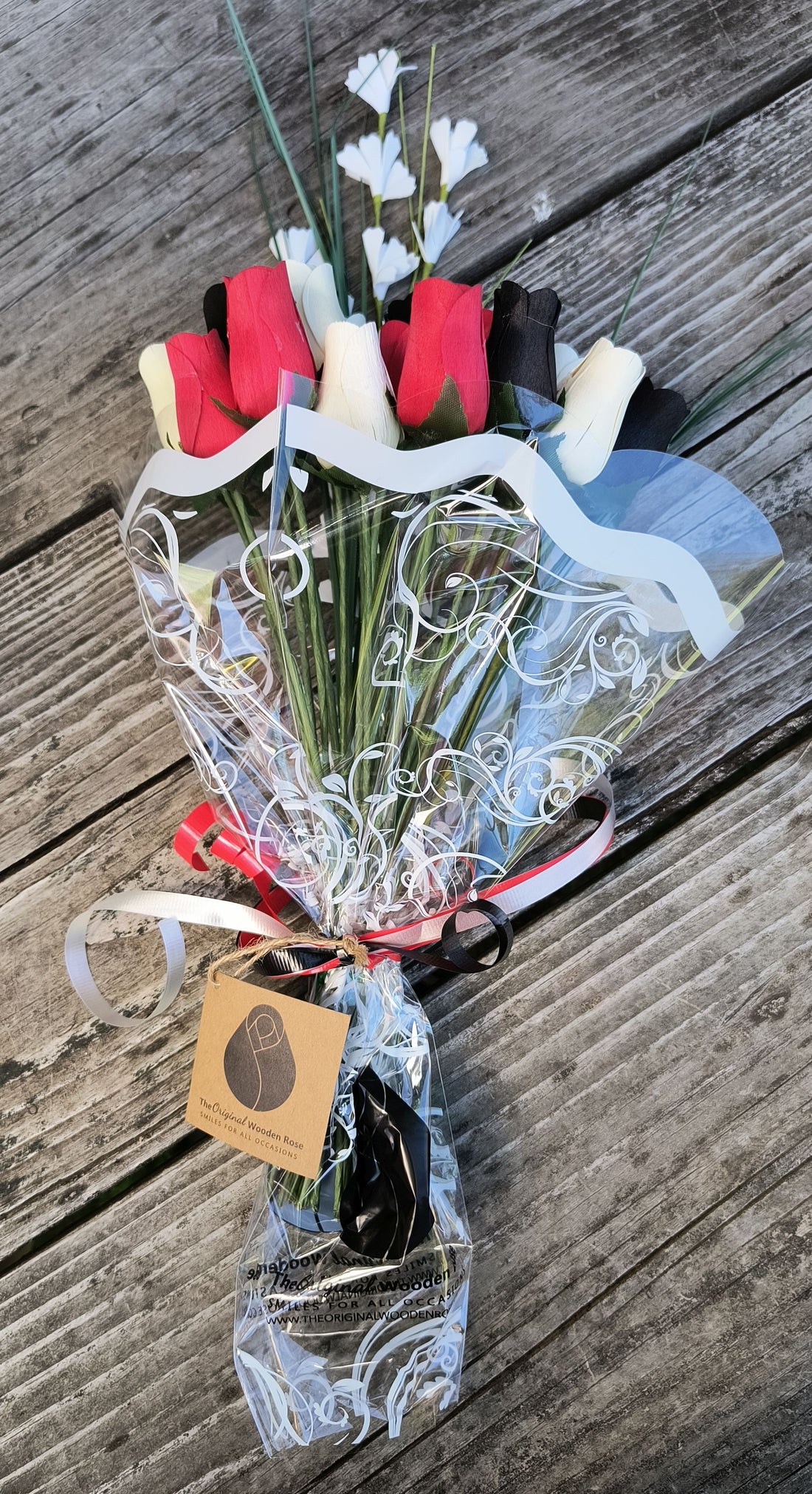 Red, Black and White Wooden Rose Flower Bouquet - The Original Wooden Rose