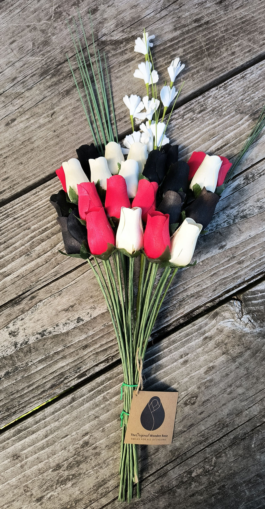 Red, Black and White Wooden Rose Flower Bouquet - The Original Wooden Rose