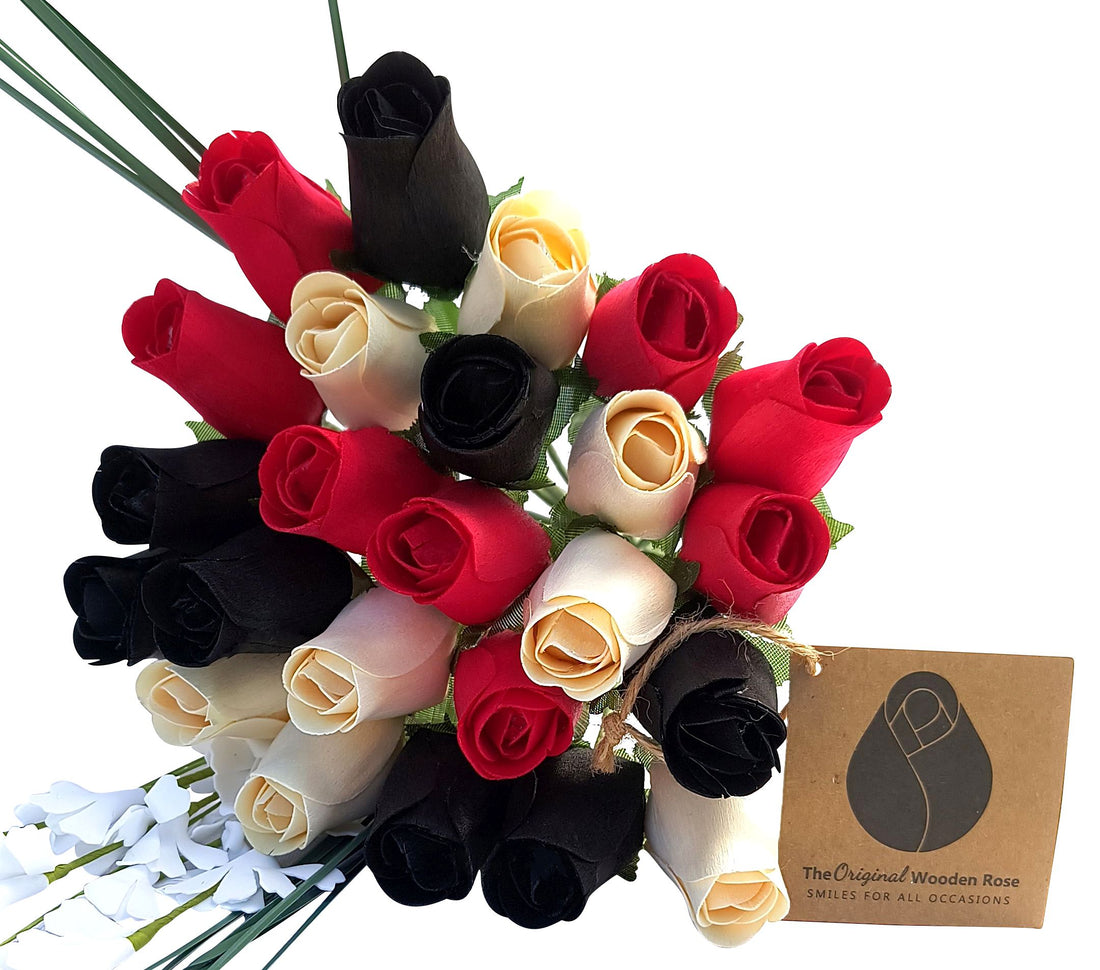 Red, Black and White Wooden Rose Flower Bouquet - The Original Wooden Rose