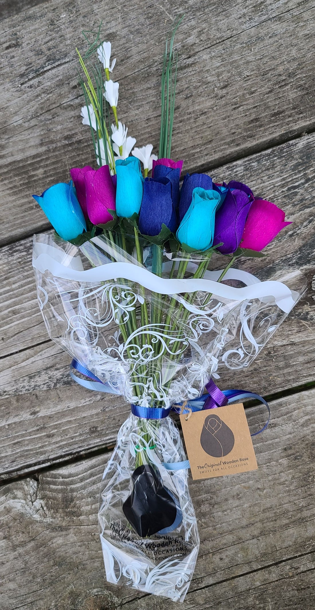 Deluxe Dark Waters Themed Wooden Rose Flower Bouquet - The Original Wooden Rose