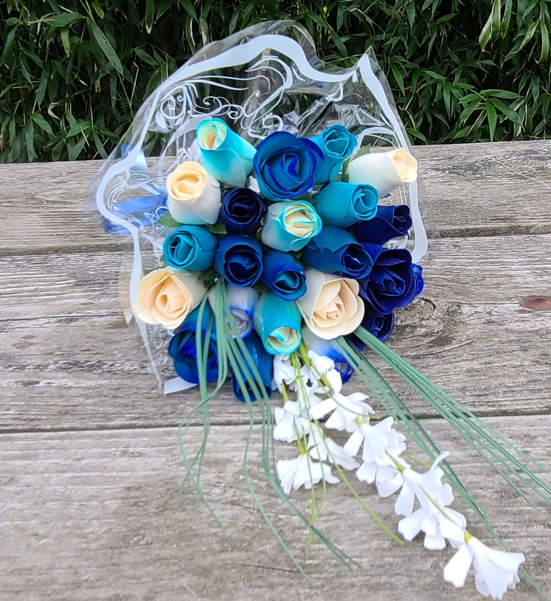 Deluxe Blue Berries and Cream Wooden Rose Flower Bouquet - The Original Wooden Rose