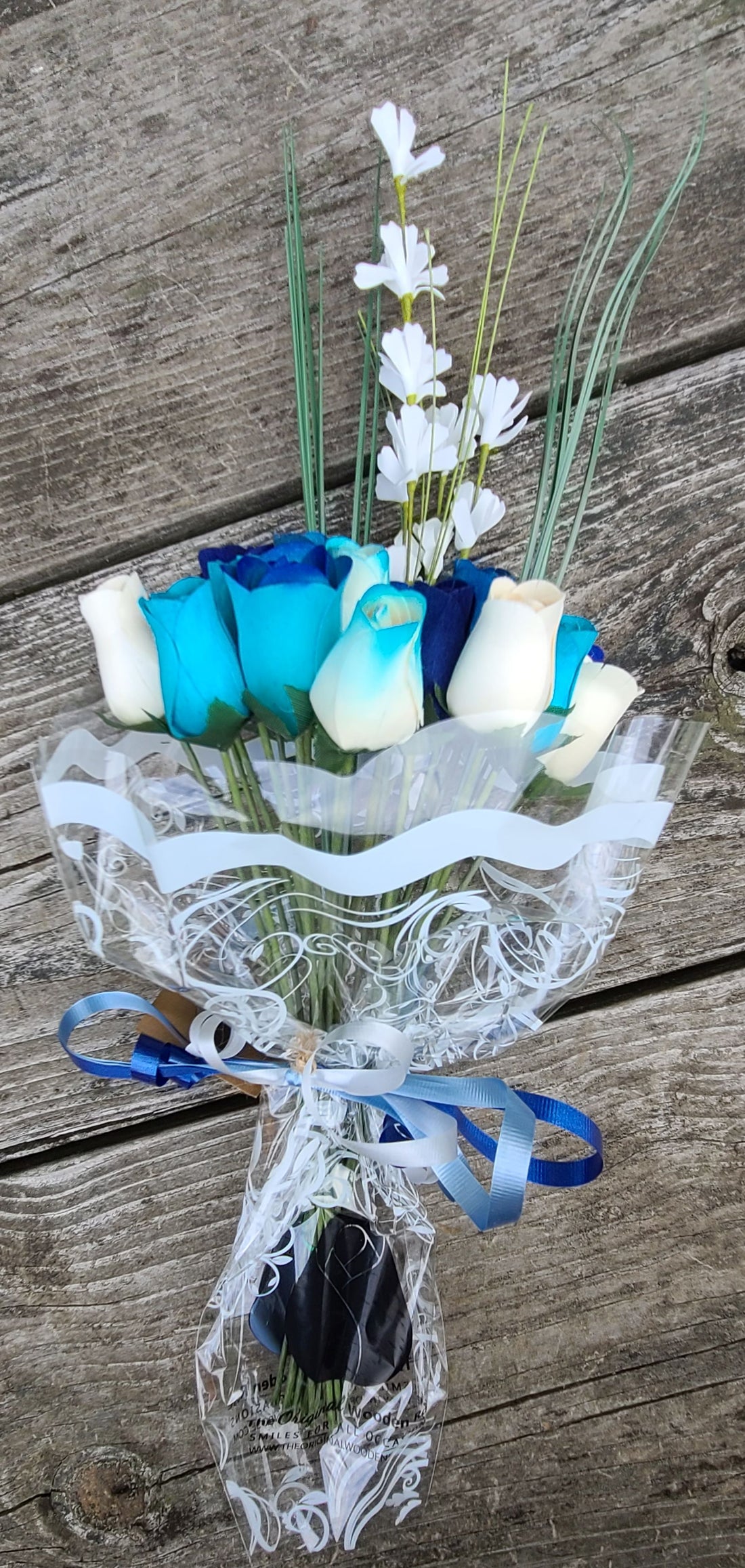 Deluxe Blue Berries and Cream Wooden Rose Flower Bouquet - The Original Wooden Rose