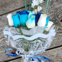 Deluxe Blue Berries and Cream Wooden Rose Flower Bouquet - The Original Wooden Rose