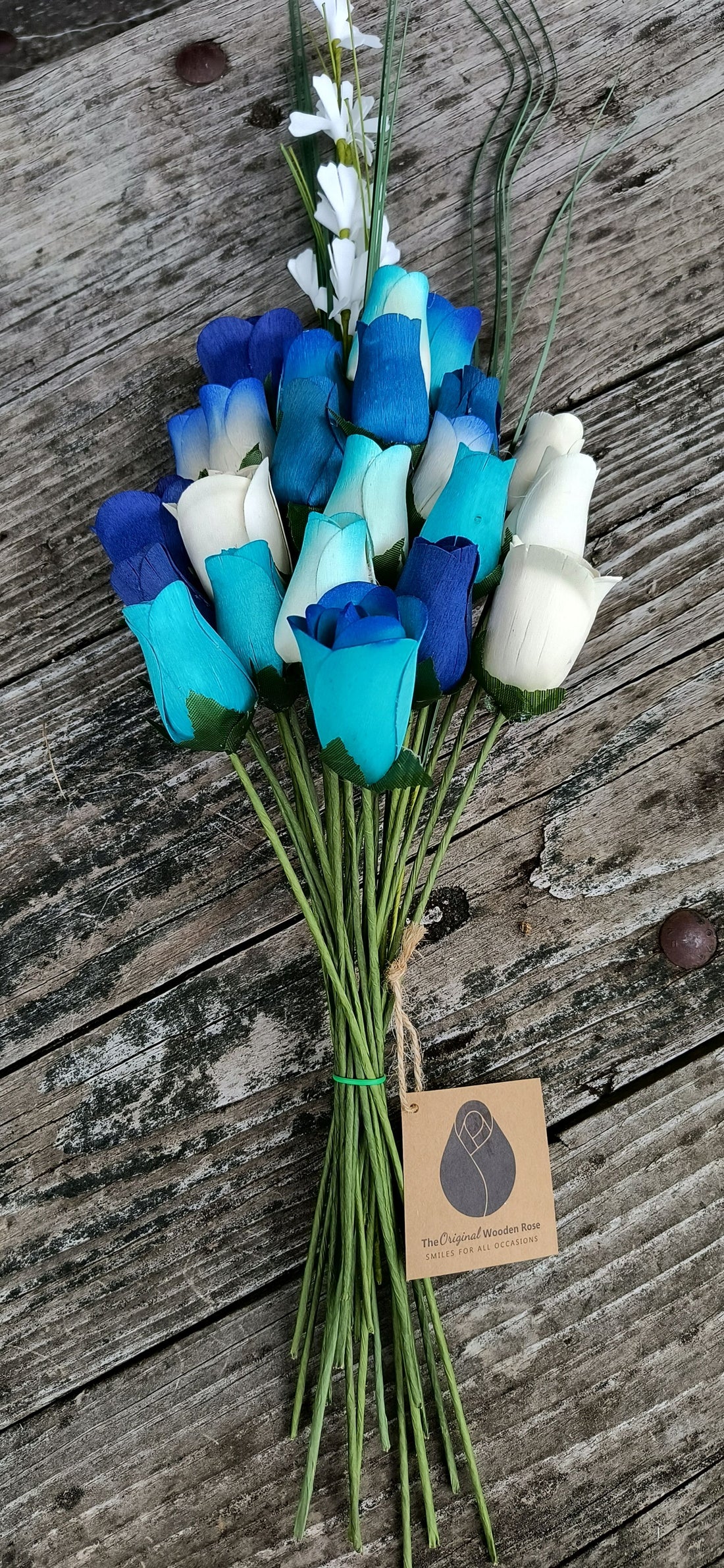 Deluxe Blue Berries and Cream Wooden Rose Flower Bouquet - The Original Wooden Rose