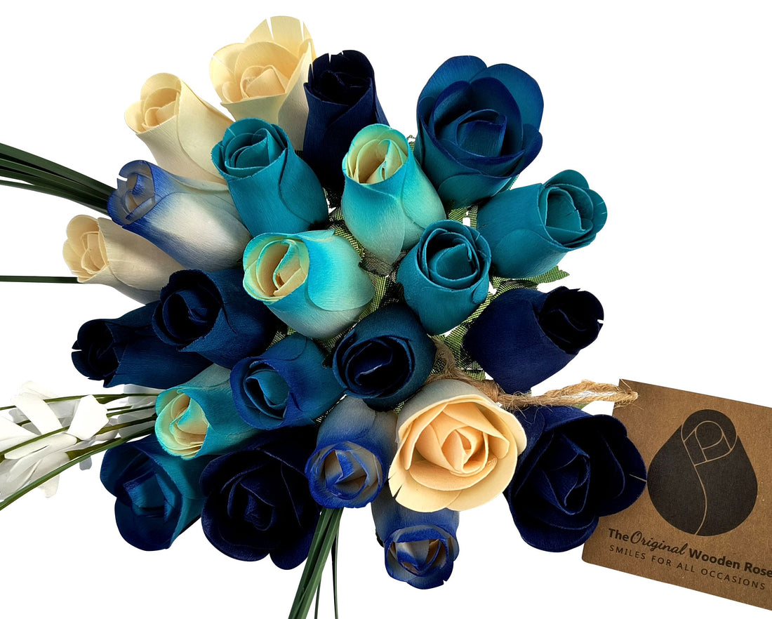 Deluxe Blue Berries and Cream Wooden Rose Flower Bouquet - The Original Wooden Rose