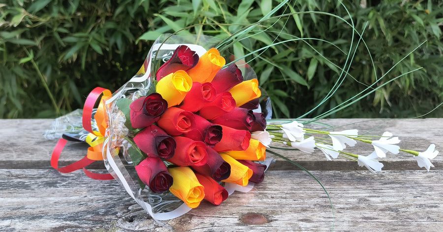 Dark Fall Harvest Colors. Yellows, Oranges, Reds Wooden Rose Flower Bouquet - The Original Wooden Rose