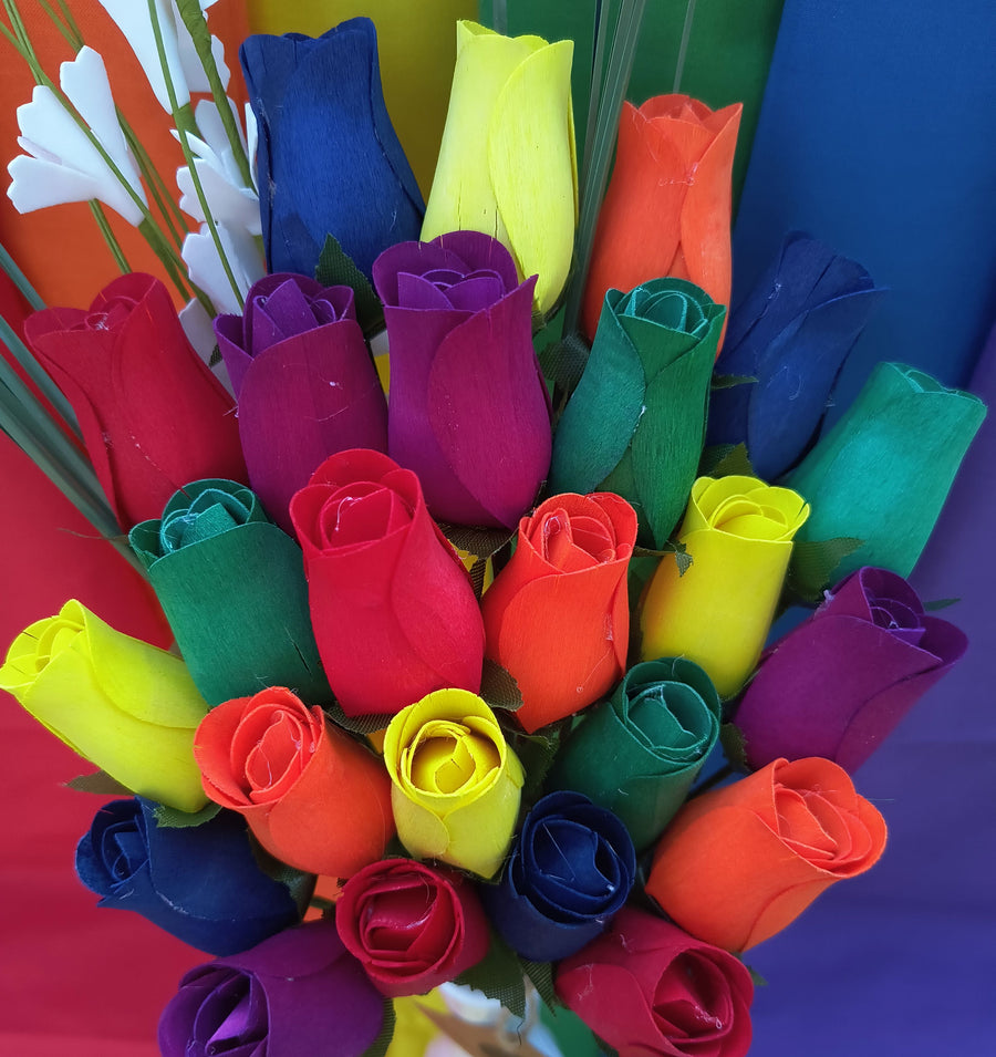 Gay Pride Rainbow of Wooden Roses Flower Bouquet - The Original Wooden Rose