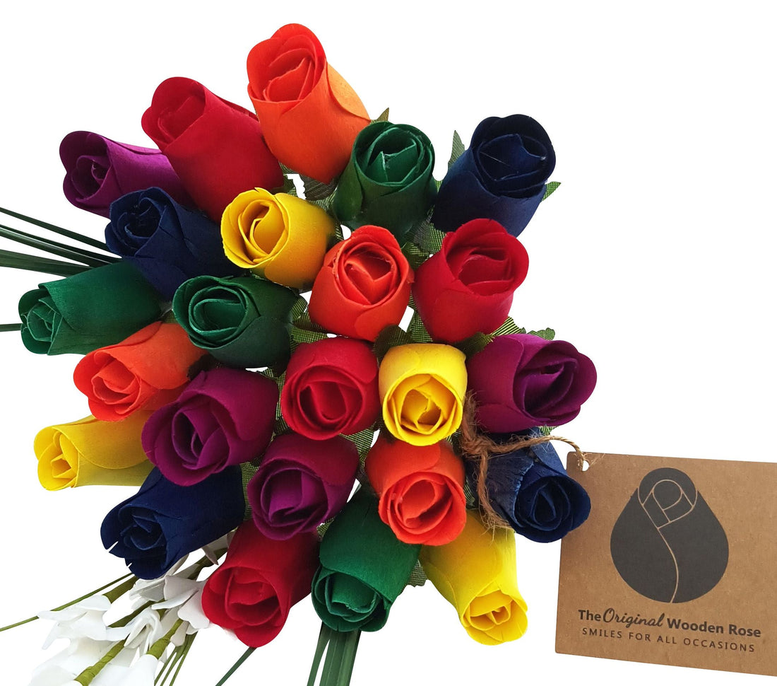 Autism Aware Rainbow of Wooden Roses Flower Bouquet - The Original Wooden Rose