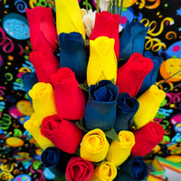 Happy Birthday Red, Blue, and Yellow Wooden Rose Flower Bouquet - The Original Wooden Rose