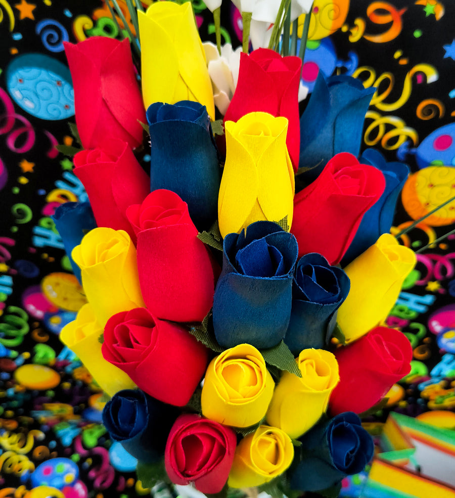 Happy Birthday Red, Blue, and Yellow Wooden Rose Flower Bouquet - The Original Wooden Rose