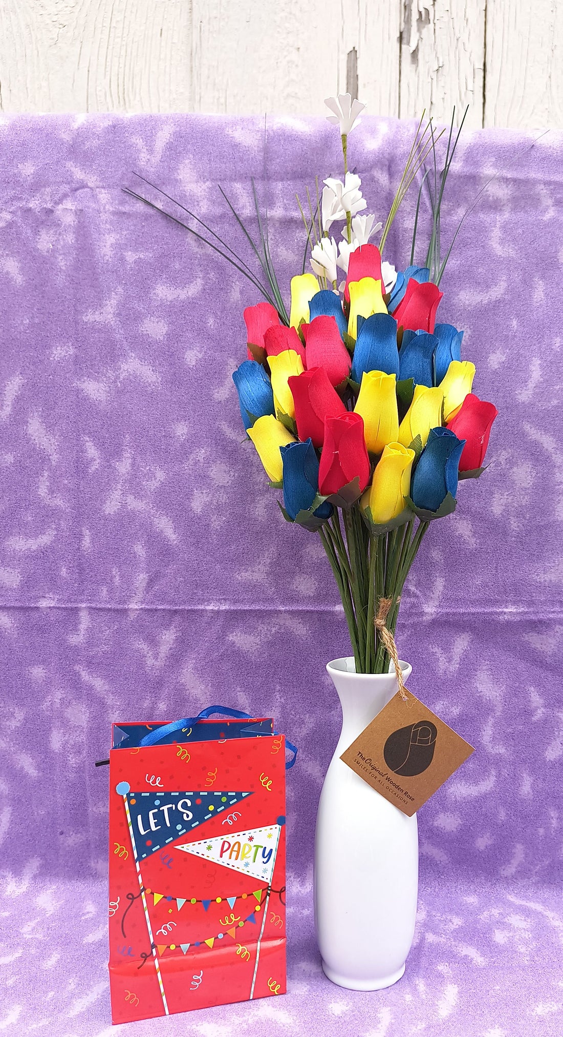 Happy Birthday Red, Blue, and Yellow Wooden Rose Flower Bouquet - The Original Wooden Rose